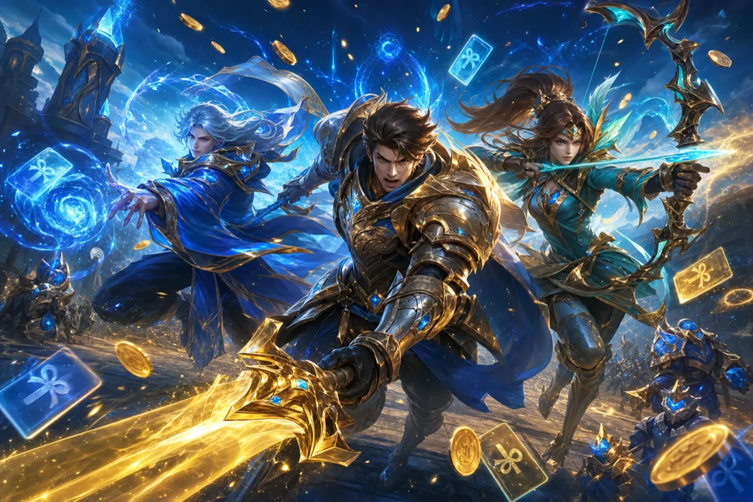 Three original fantasy MOBA heroes charging across a battlefield with floating gift-card rewards